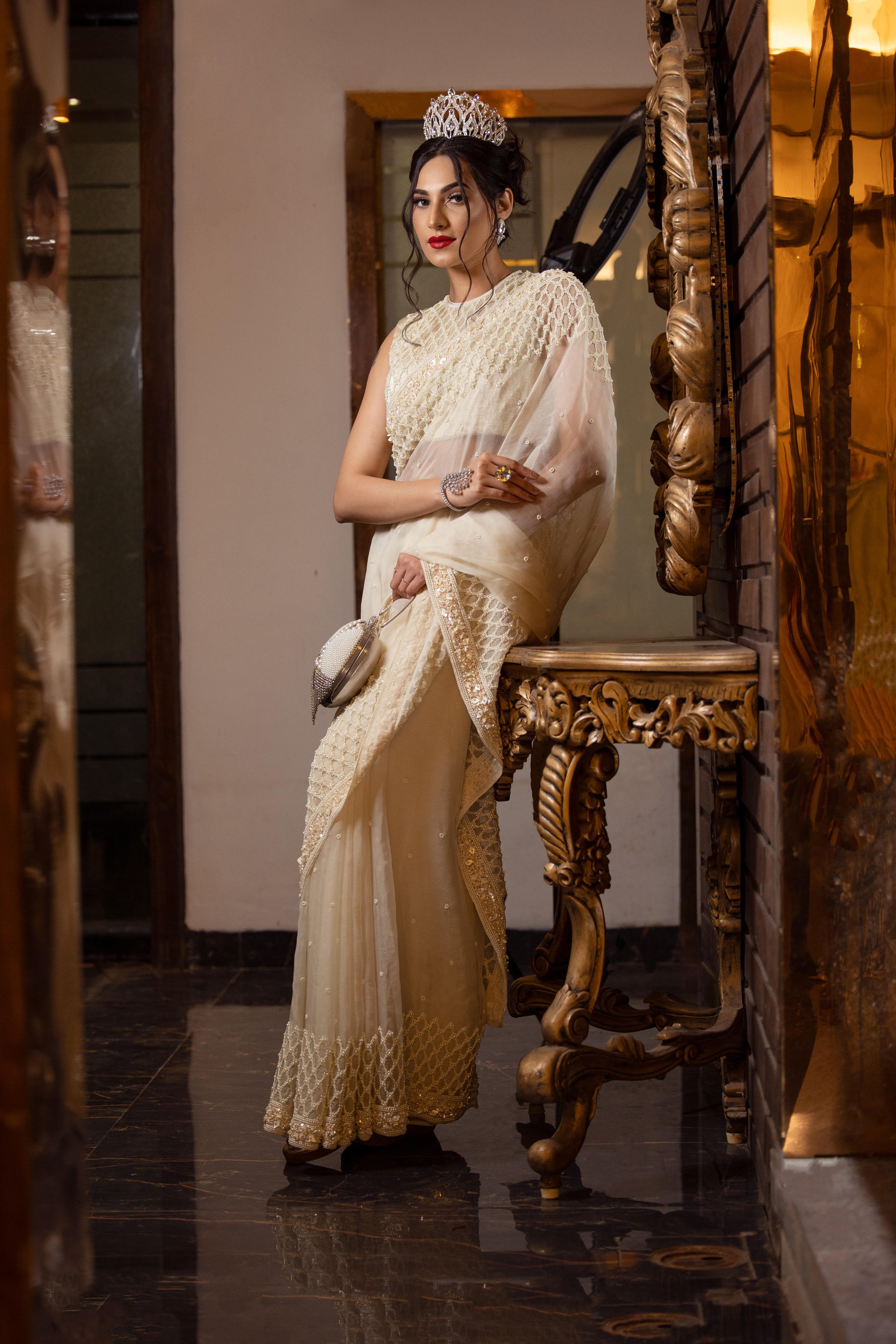 Ivory Organza And Gajji Silk Saree Set - silk saree