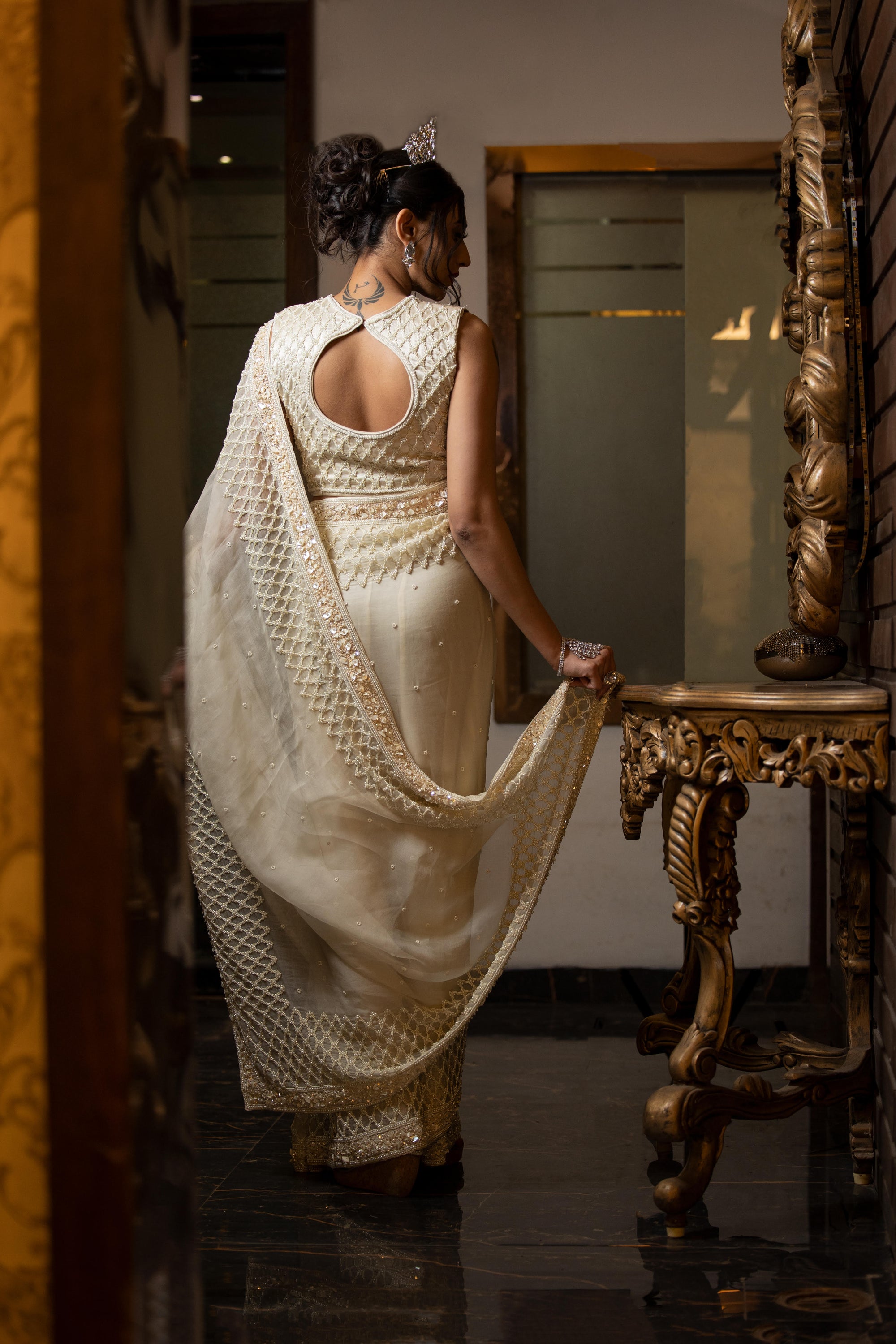 Ivory Organza And Gajji Silk Saree Set - silk saree