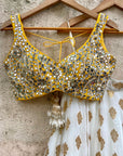 Ivory Ruffle Lehenga Set With Yellow Mirror Work Blouse - ruffle lehenga set