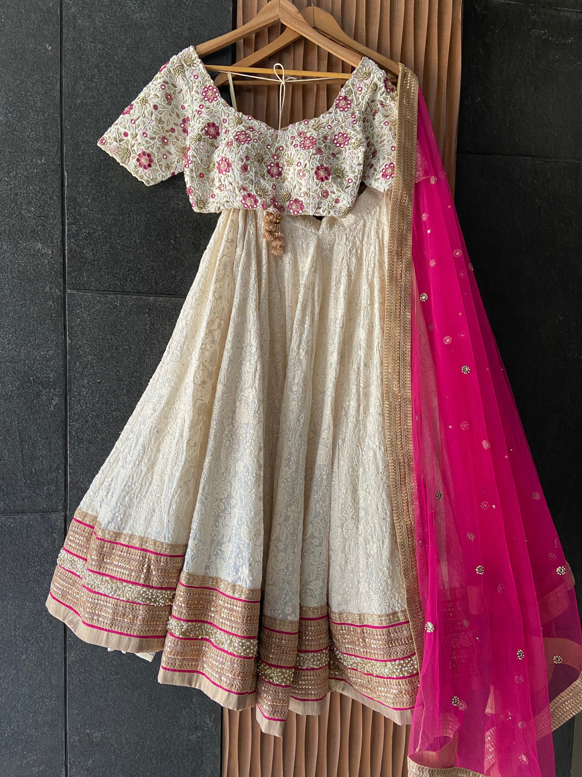 Ivory Thread And Mirror Work Lehenga Set With Fuchsia Accent - lehenga choli