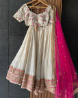 Ivory Thread And Mirror Work Lehenga Set With Fuchsia Accent - lehenga choli