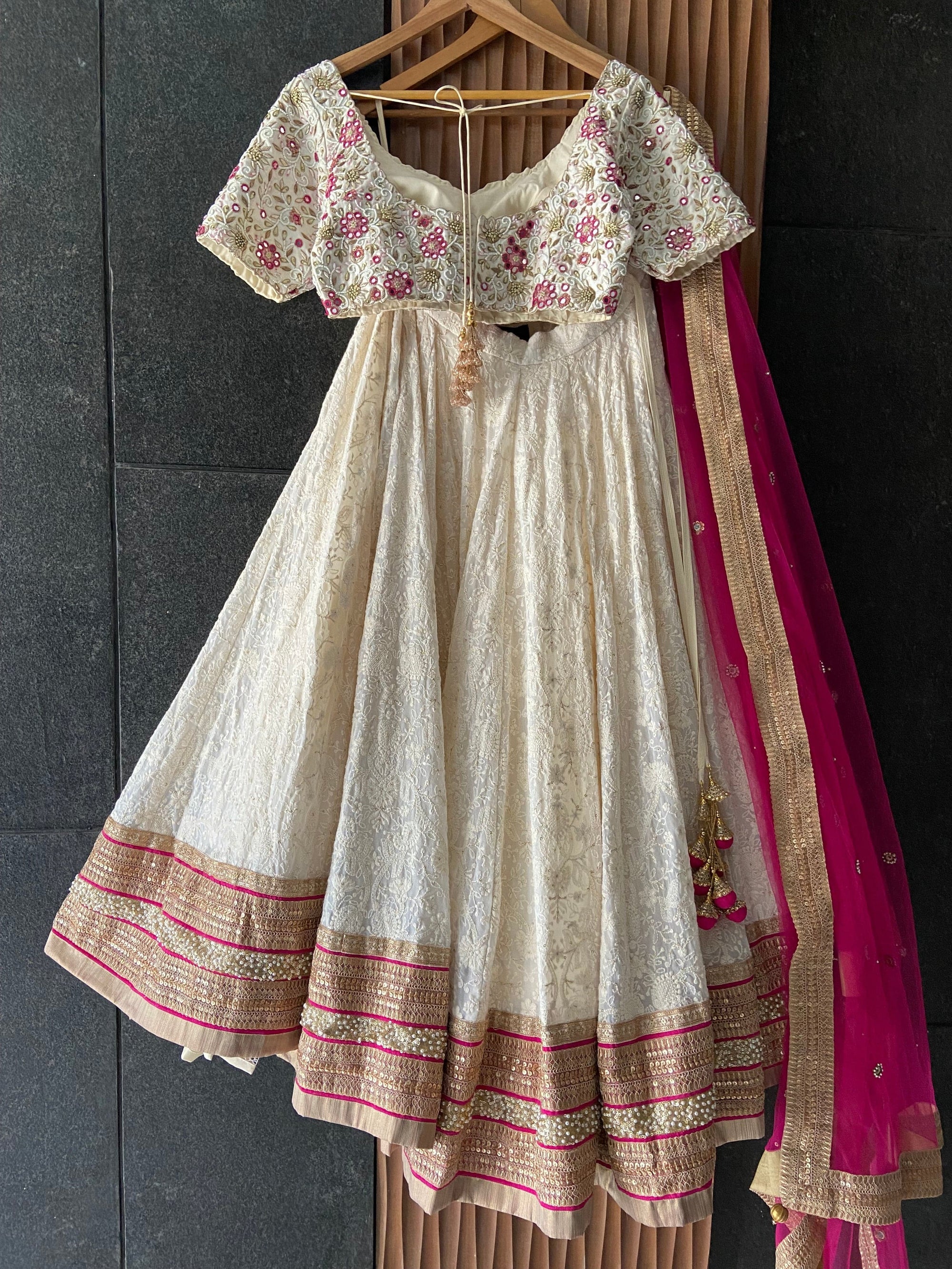 Ivory Thread And Mirror Work Lehenga Set With Fuchsia Accent - lehenga choli