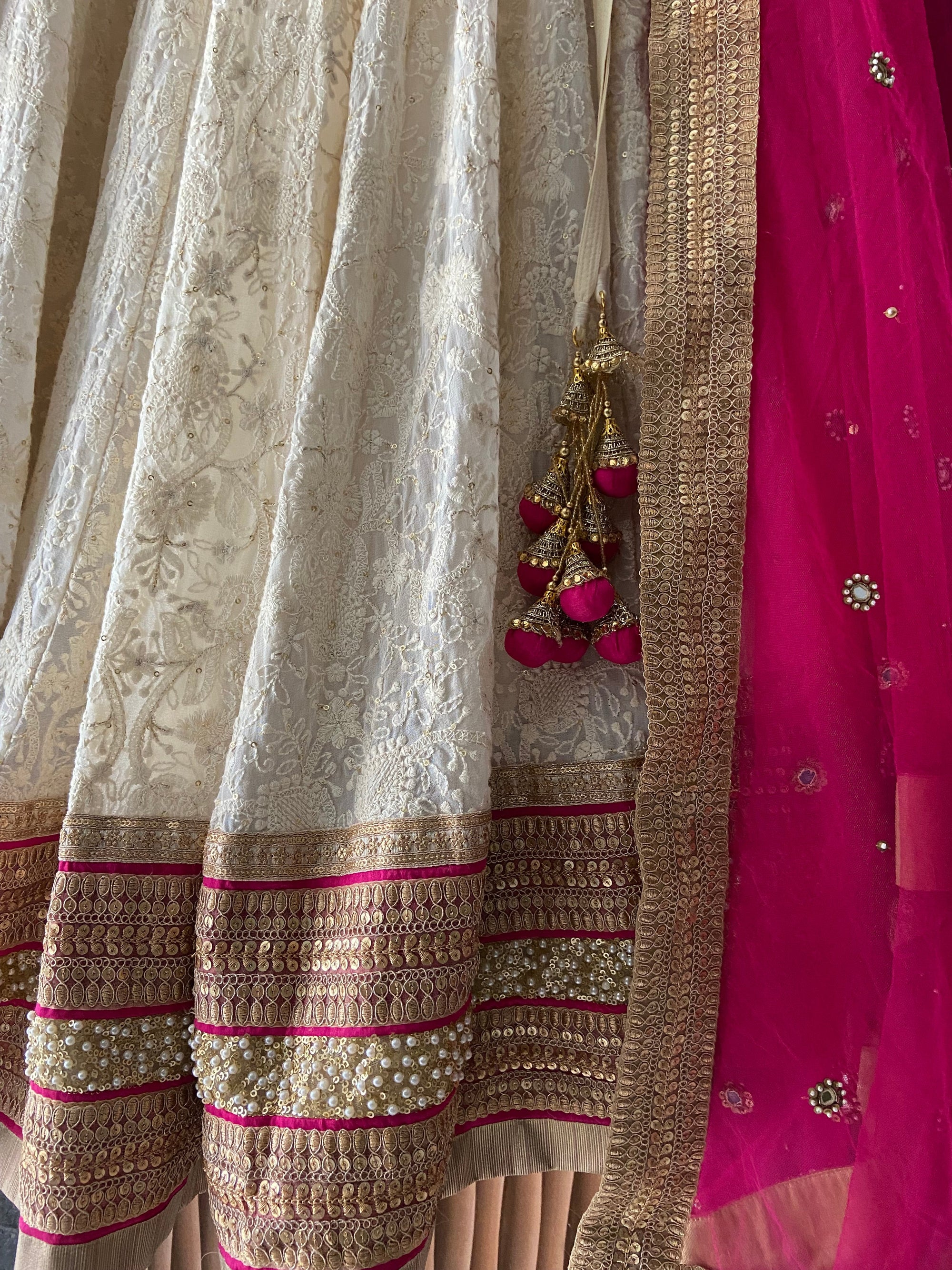 Ivory Thread And Mirror Work Lehenga Set With Fuchsia Accent - lehenga choli