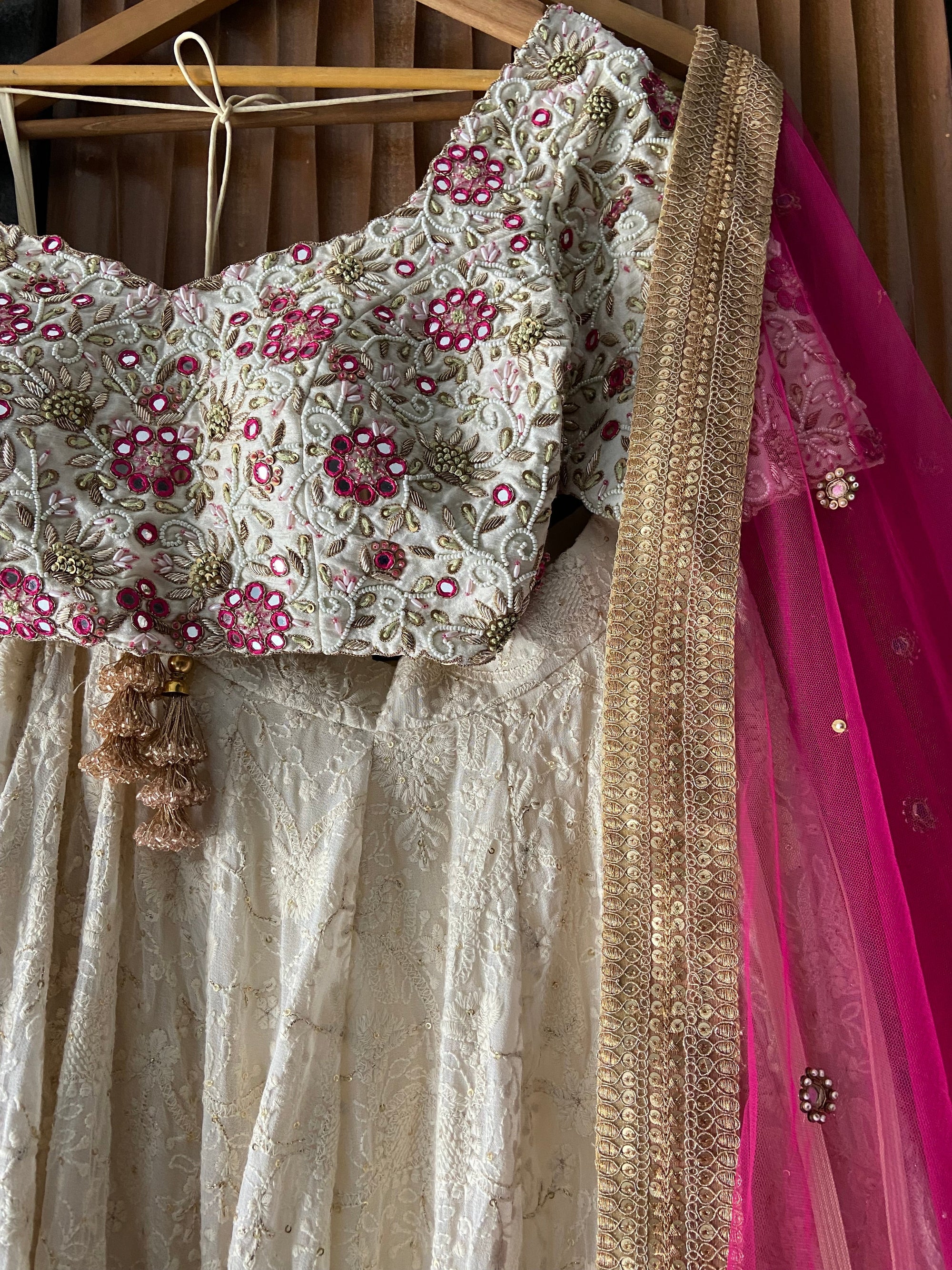 Ivory Thread And Mirror Work Lehenga Set With Fuchsia Accent - lehenga choli