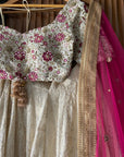 Ivory Thread And Mirror Work Lehenga Set With Fuchsia Accent - lehenga choli