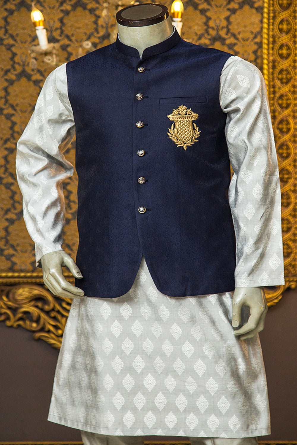 Jamawar Waistcoat With Handwork Motive - indian wear for men