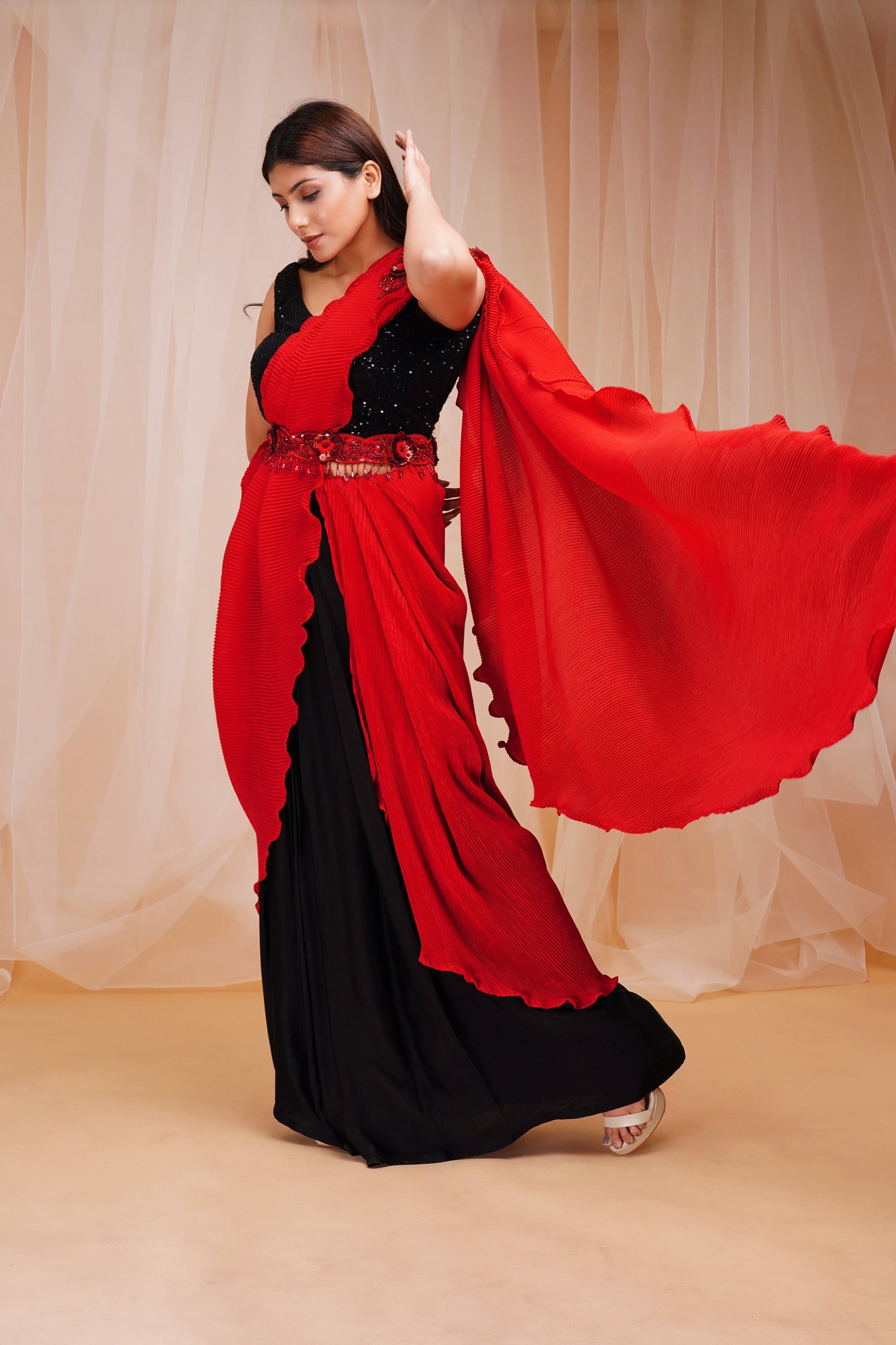 Jet Black Drape Ready To Wear Saree - black saree