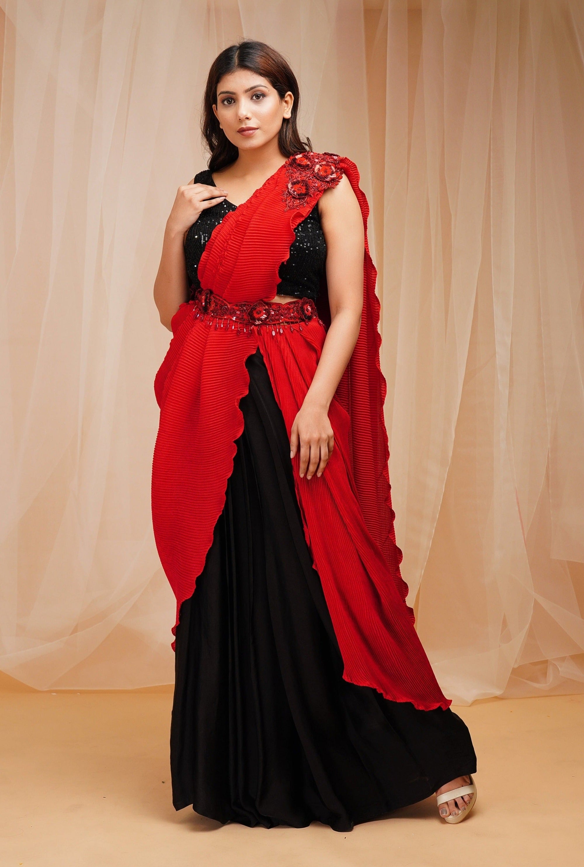 Jet Black Drape Ready To Wear Saree - black saree