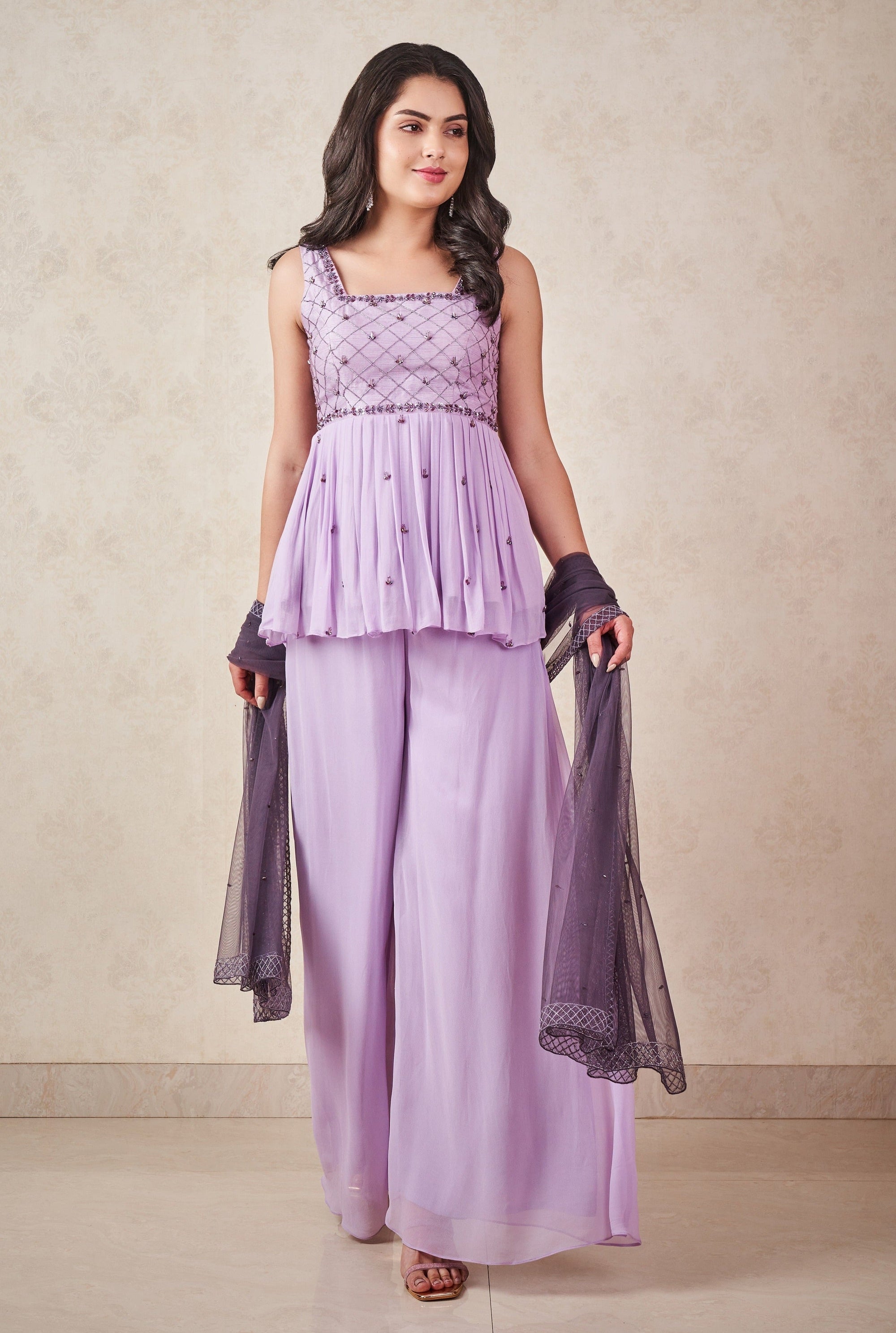 Lavender And Ash Grey Peplum Set - indian outfit for ladies