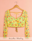 Lemon Yellow Lehenga With Yellow Multicolor Blouse - lehenga choli