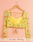 Lemon Yellow Lehenga With Yellow Multicolor Blouse - lehenga choli