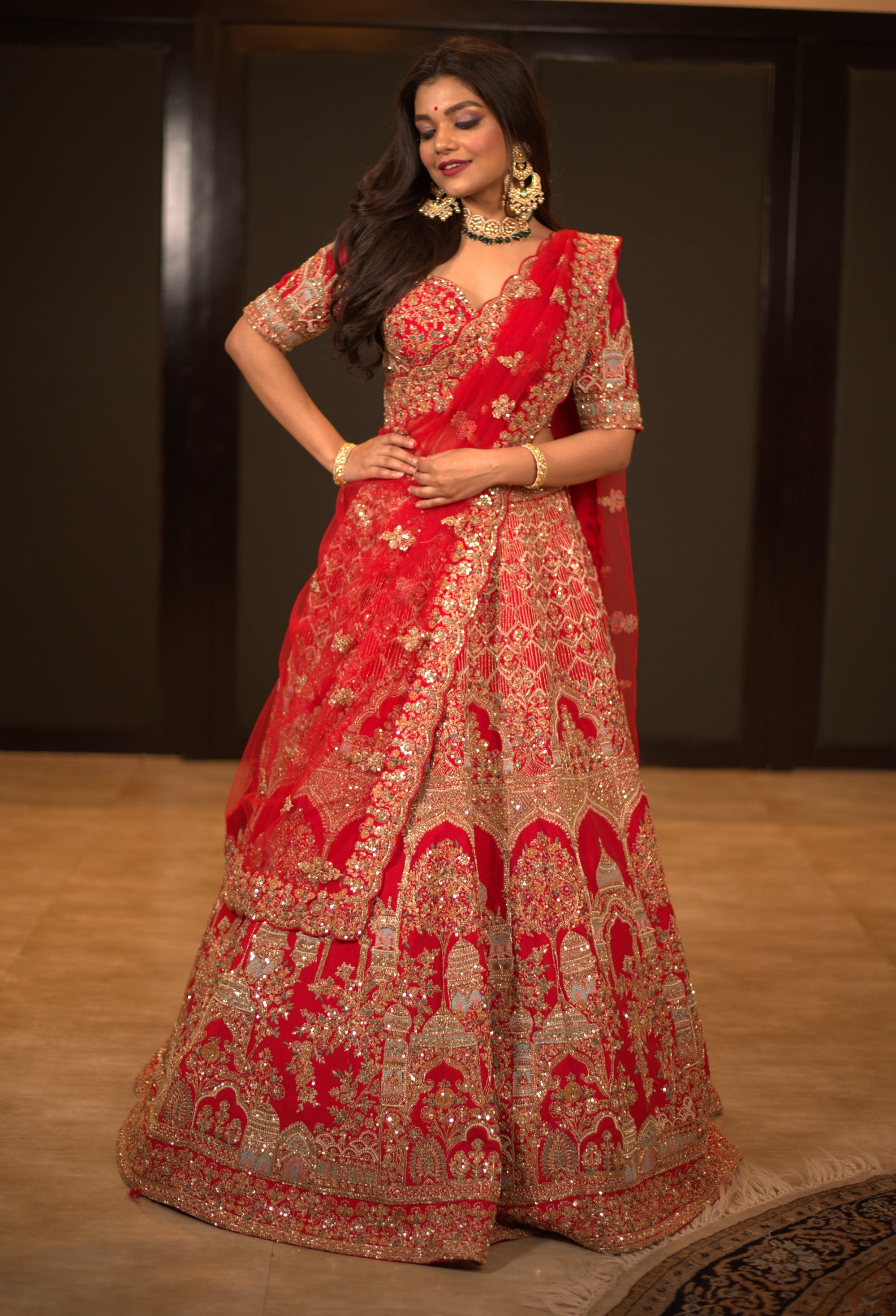 Lucknowi Red Lehenga Set - bridal red lehenga