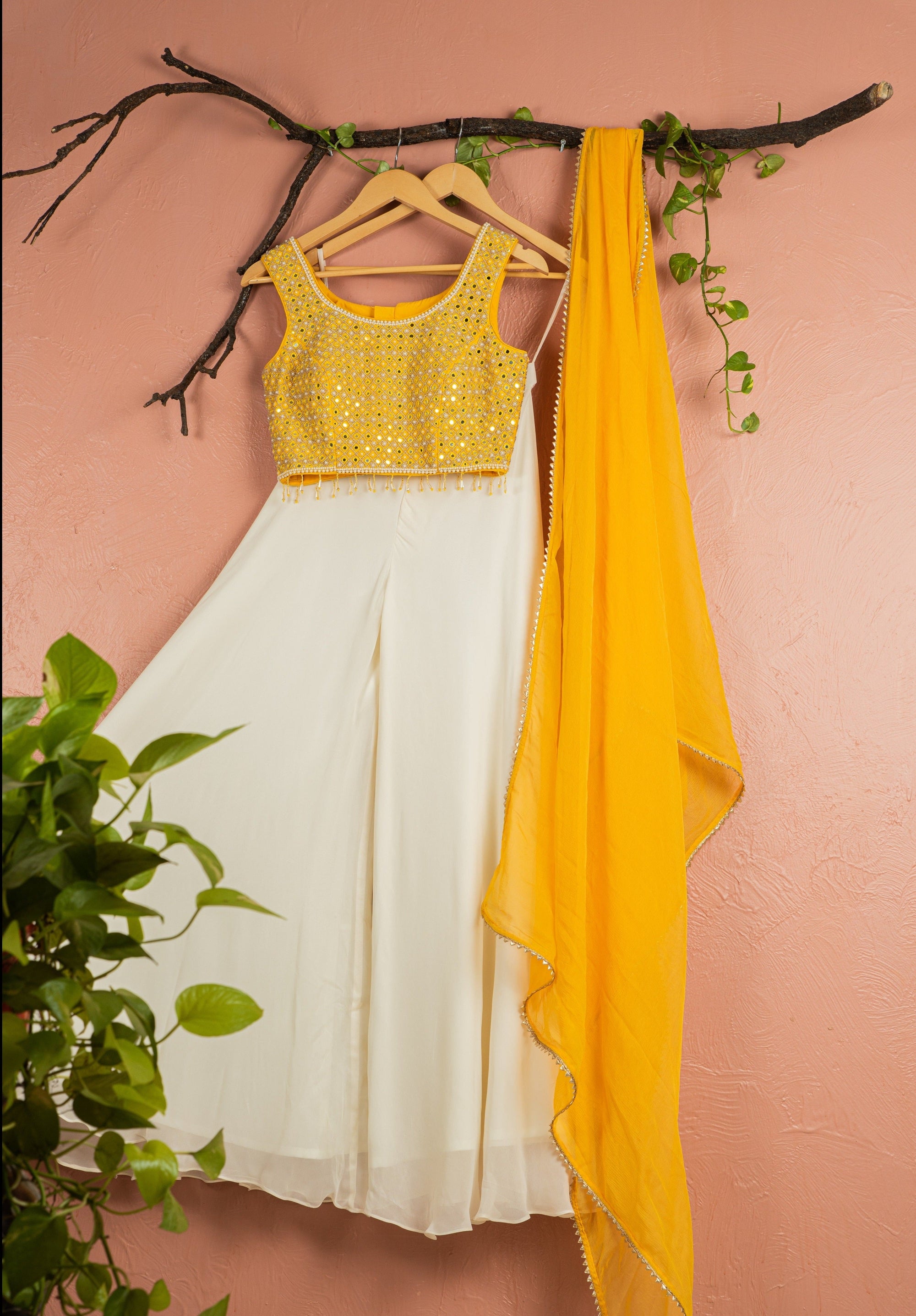Mango Yellow Mirror Work Blouse Ivory Sharara Yellow Dupatta - ladies outfit