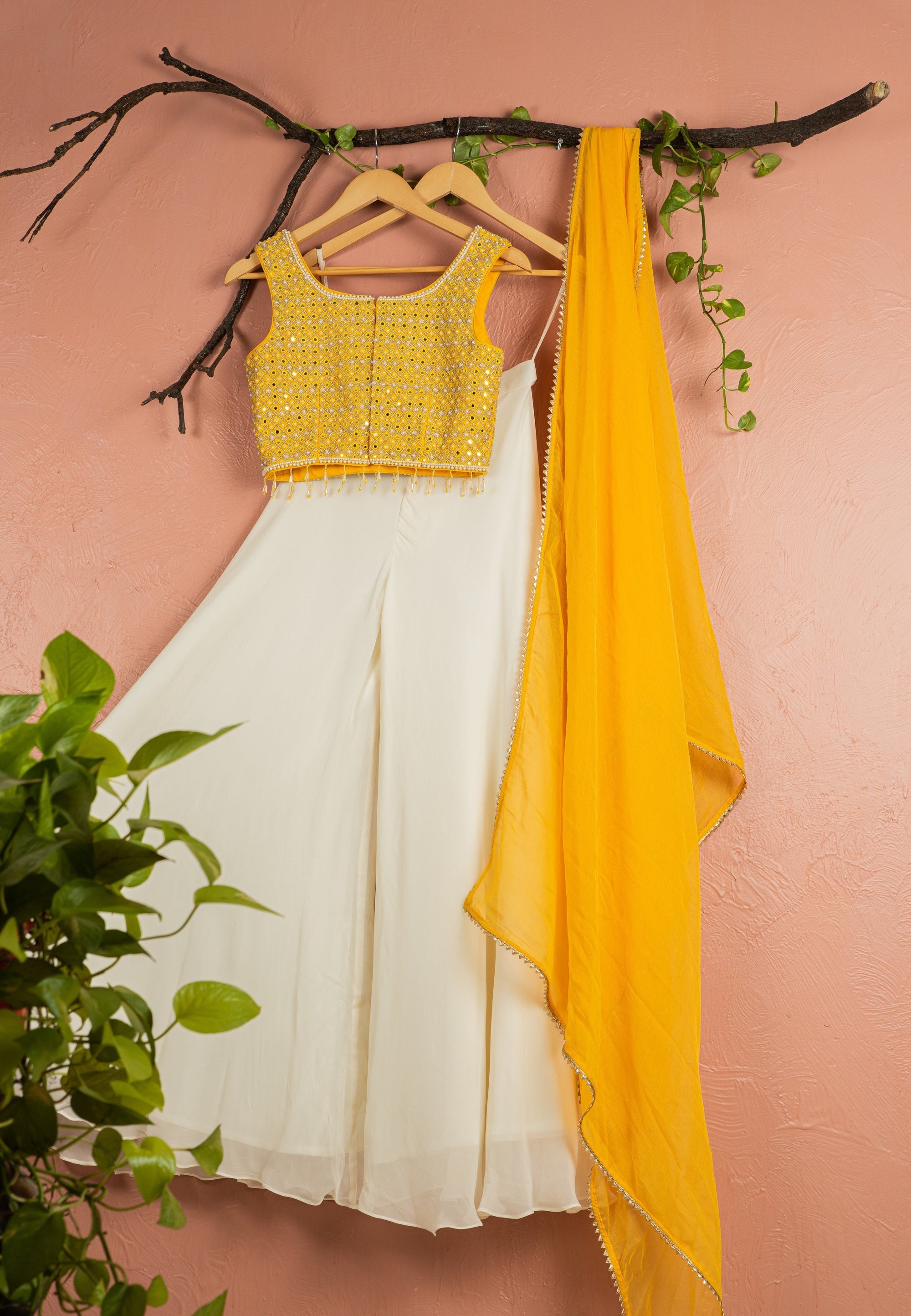 Mango Yellow Mirror Work Blouse Ivory Sharara Yellow Dupatta - ladies outfit