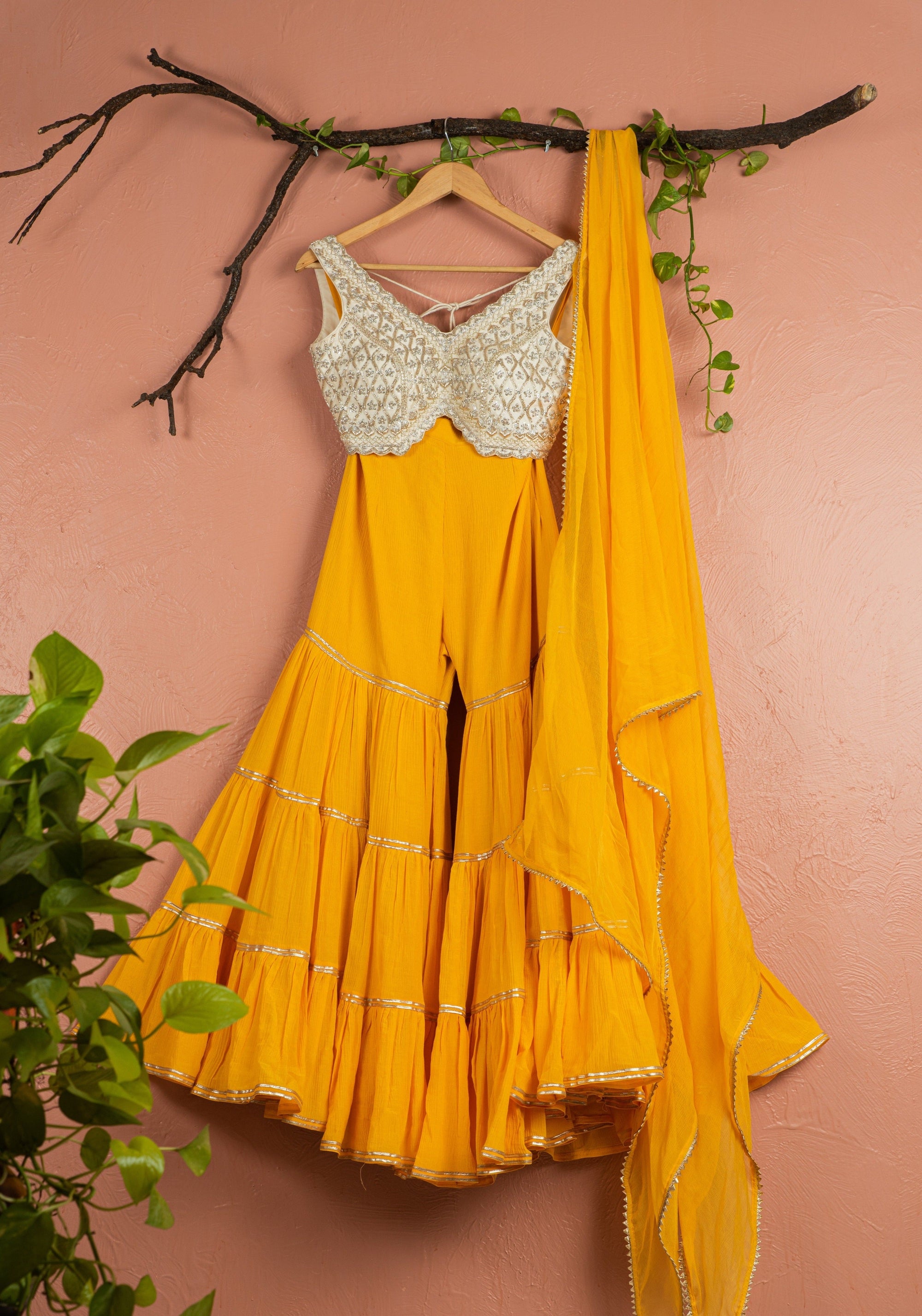 Mango Yellow Sharara With Ivory Blouse Yellow Dupatta  - yellow dress