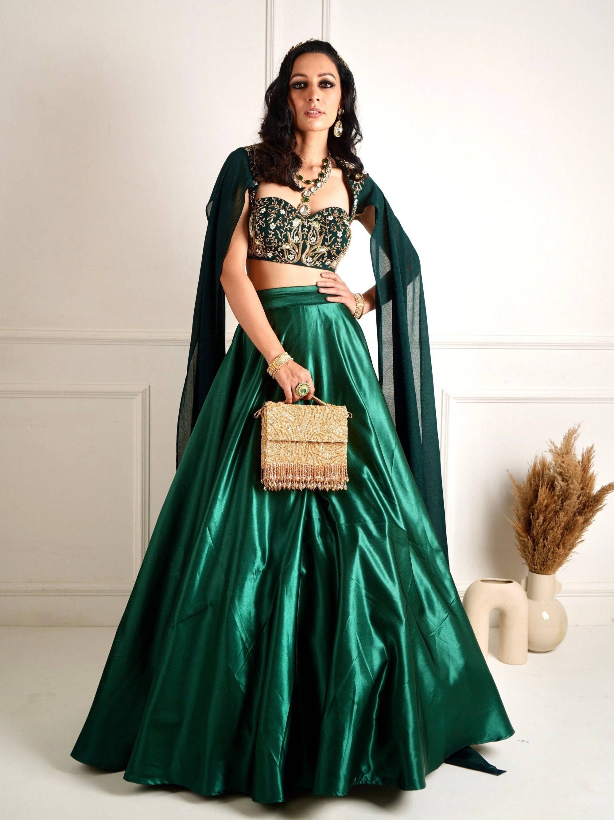 MEERA Green Blackout Satin Lehenga - dark green lehenga