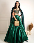 MEERA Green Blackout Satin Lehenga - dark green lehenga
