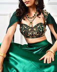MEERA Green Blackout Satin Lehenga - dark green lehenga