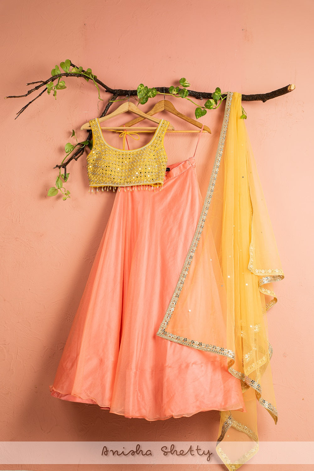 Melon Orange Organza Lehenga With Pineapple Yellow Mirrorwork Blouse Dupatta - yellow lehenga