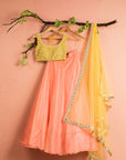 Melon Orange Organza Lehenga With Pineapple Yellow Mirrorwork Blouse Dupatta - yellow lehenga