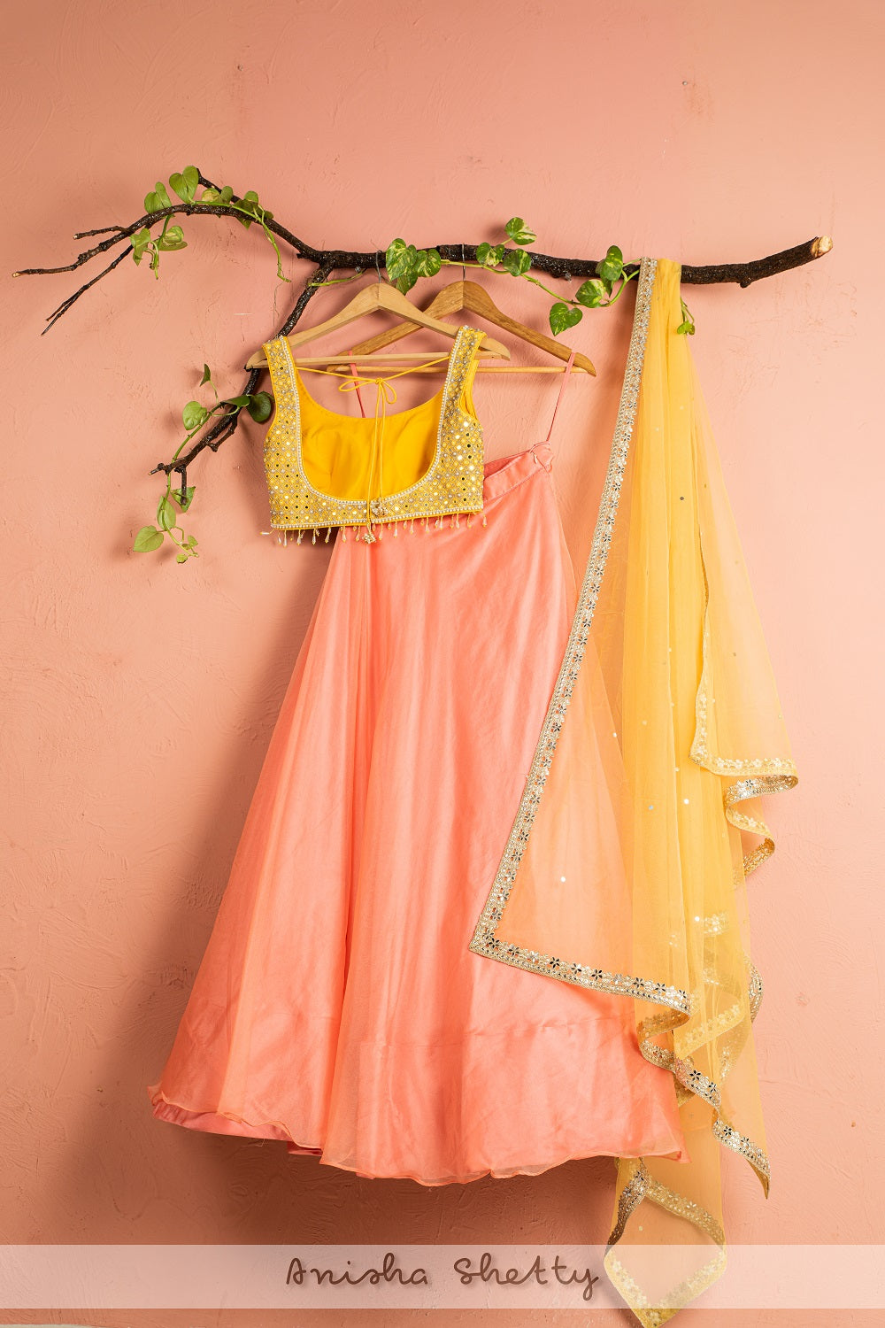 Melon Orange Organza Lehenga With Pineapple Yellow Mirrorwork Blouse Dupatta - yellow lehenga