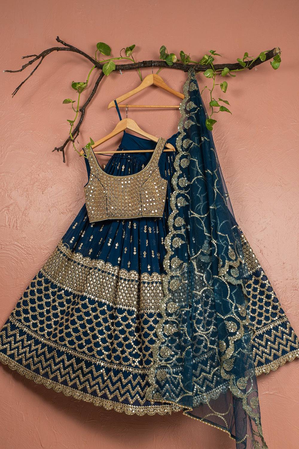 Midnight Blue Abla Lehenga with Mirror Blouse & Scallop Dupatta - dark blue lehenga