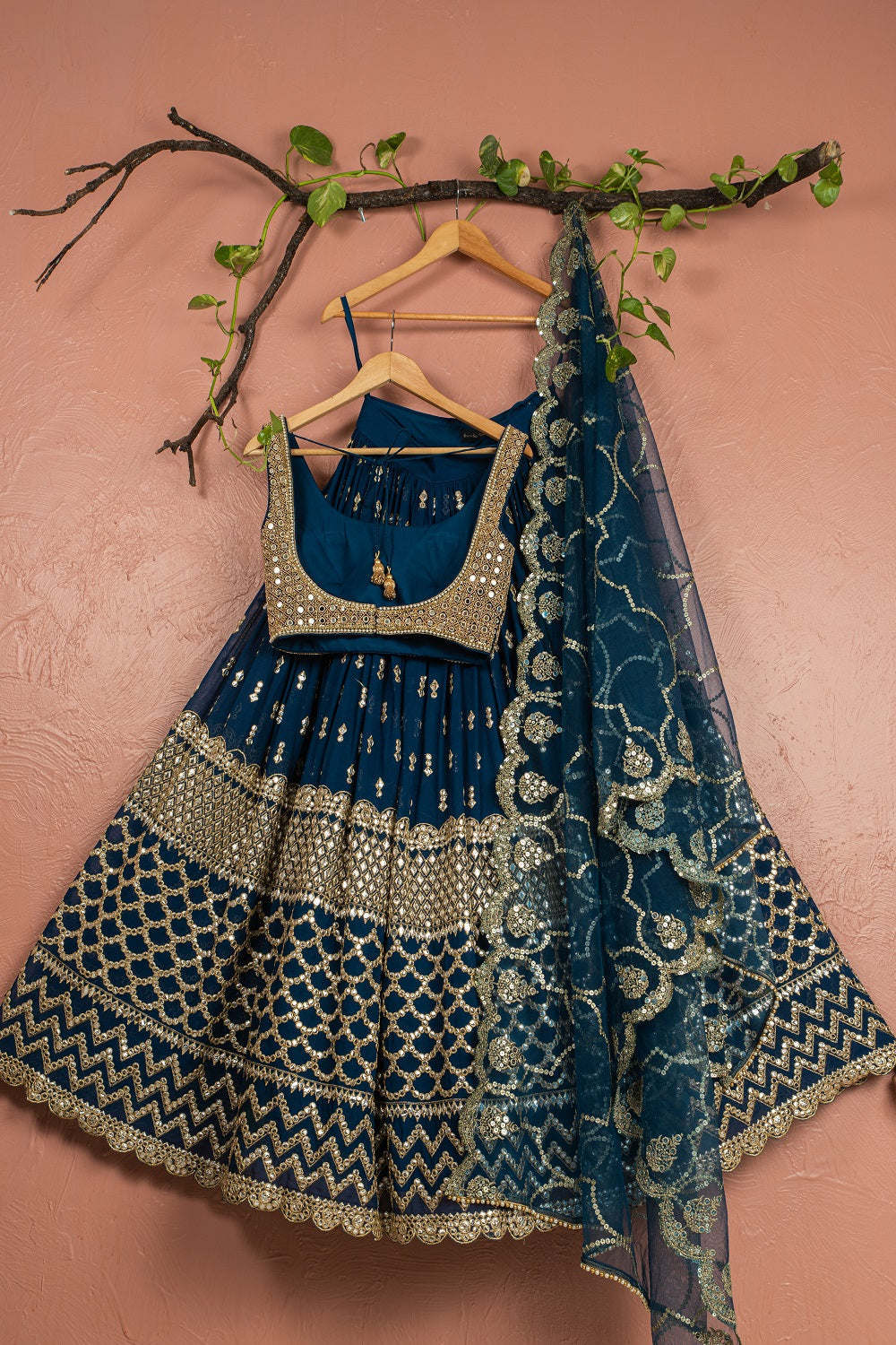 Midnight Blue Abla Lehenga with Mirror Blouse & Scallop Dupatta - dark blue lehenga