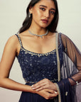 Midnight Blue Floral Anarkali Gown - blue dress