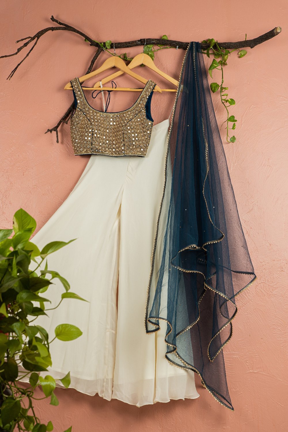 Midnight Blue Mirror Work Blouse With Ivory Sharara Net Dupatta - sharara set