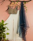 Midnight Blue Mirror Work Blouse With Ivory Sharara Net Dupatta - sharara set
