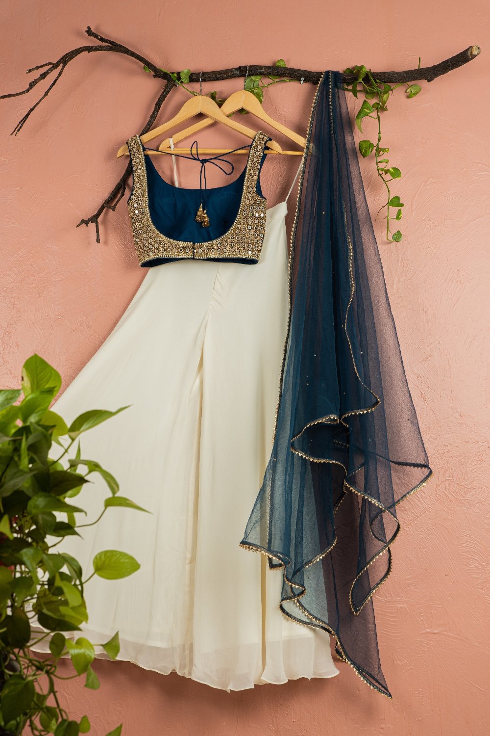 Midnight Blue Mirror Work Blouse With Ivory Sharara Net Dupatta - sharara set