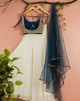 Midnight Blue Mirror Work Blouse With Ivory Sharara Net Dupatta - sharara set