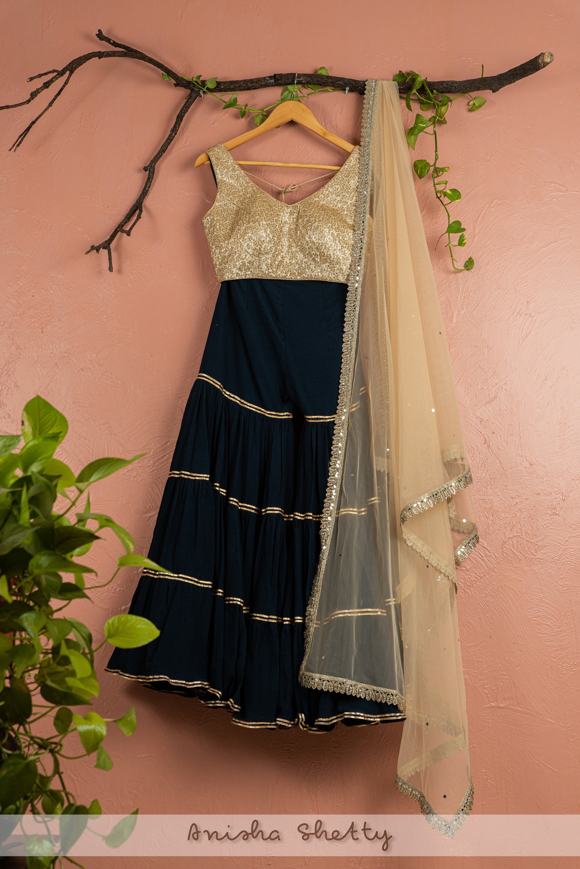 Midnight Blue Sharara With Gold Blouse Gold Dupatta - indian attire for ladies