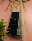 Midnight Blue Sharara With Gold Blouse Gold Dupatta - indian attire for ladies