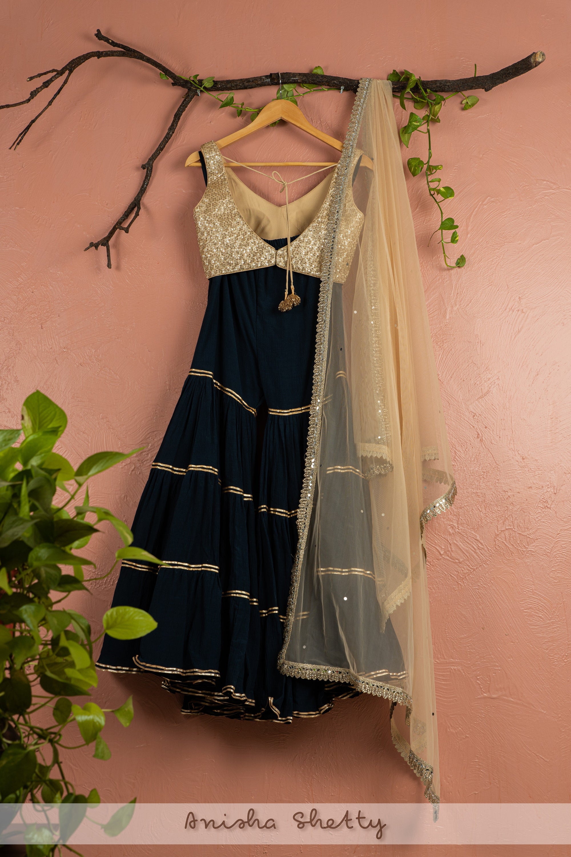 Midnight Blue Sharara With Gold Blouse Gold Dupatta - indian attire for ladies