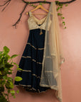 Midnight Blue Sharara With Gold Blouse Gold Dupatta - indian attire for ladies