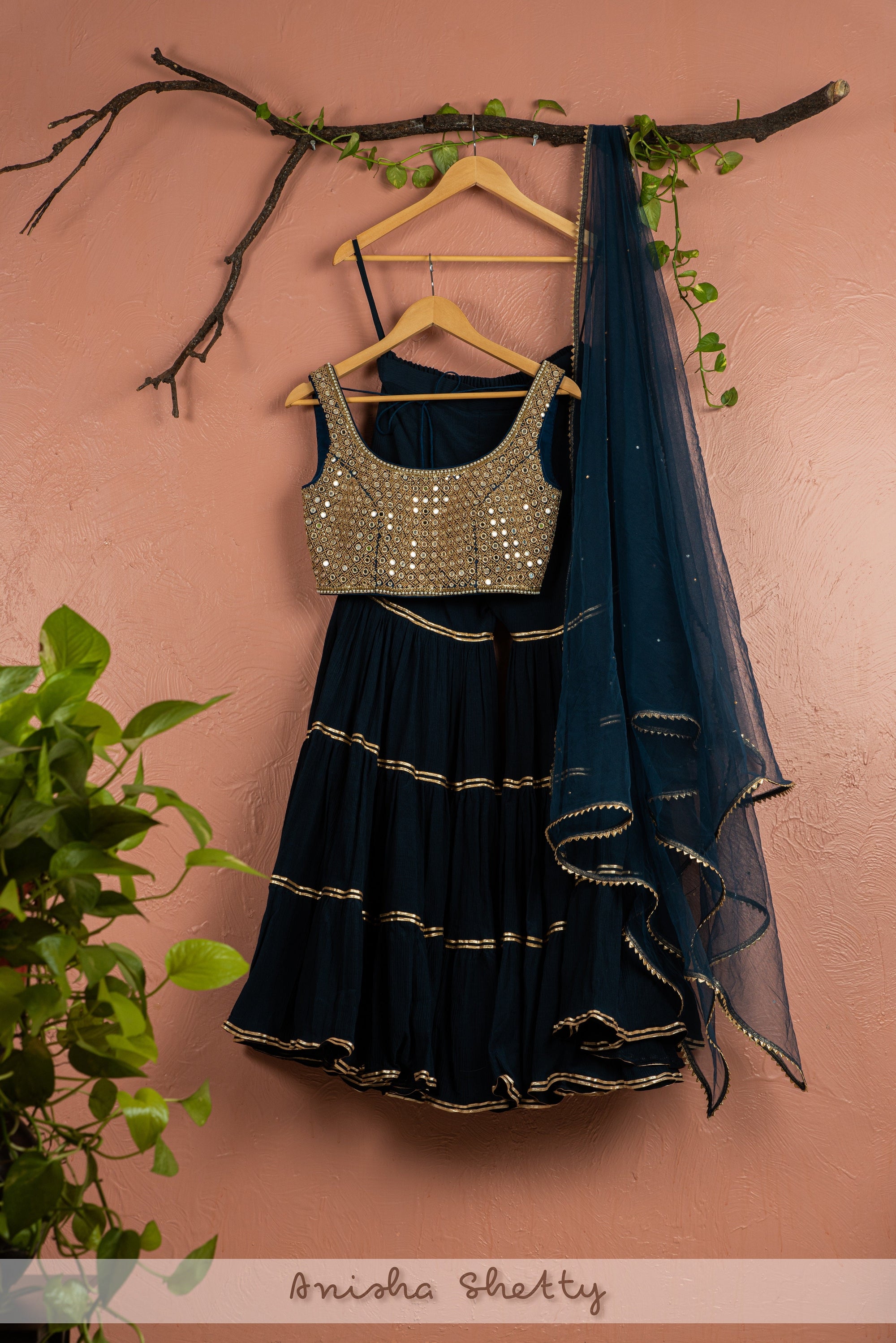 Midnight Blue Sharara With Mirror Work Blouse Dupatta - sharara