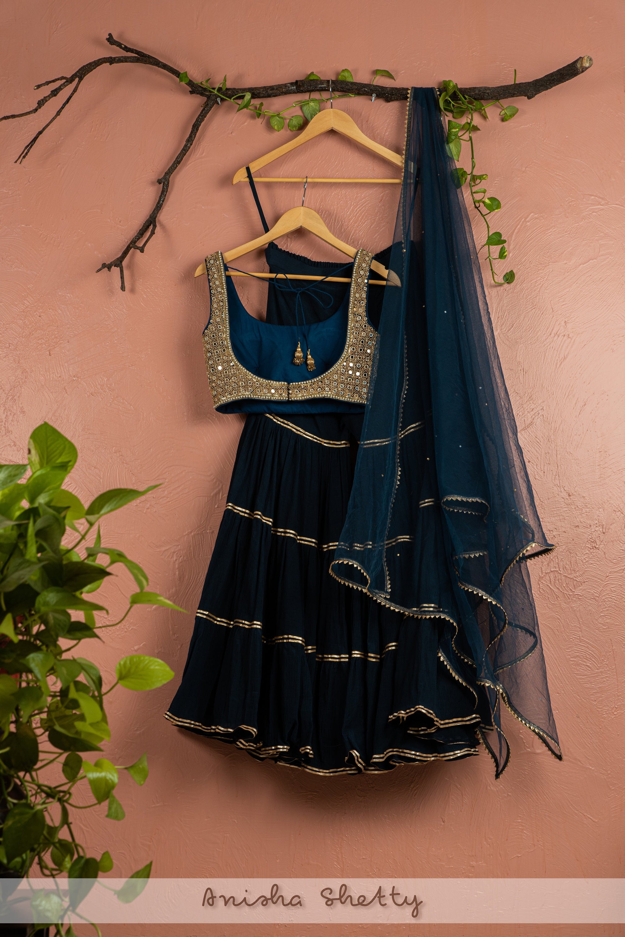 Midnight Blue Sharara With Mirror Work Blouse Dupatta - sharara