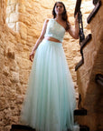 Mint Green One Shoulder Blouse With Pearl Embroidery Tulle Skirt - mint green dress