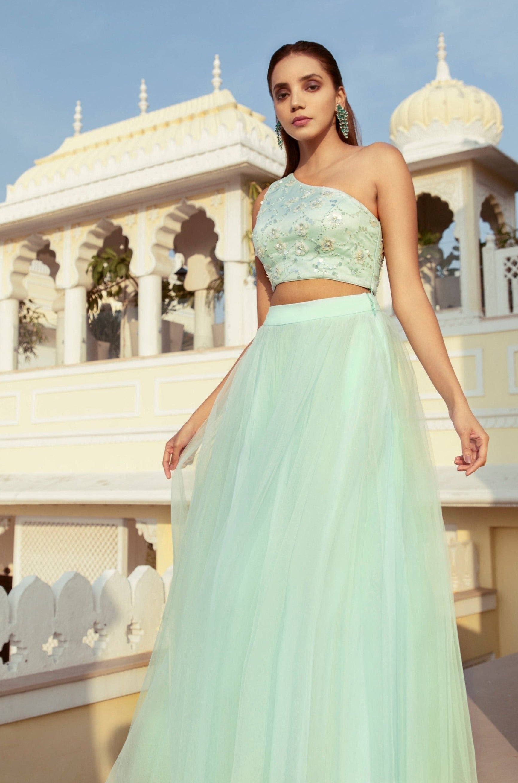 slim fit dress slacks Mint Green One Shoulder Blouse with Pearl Embroidery & Tulle Skirt –  WaliaJones