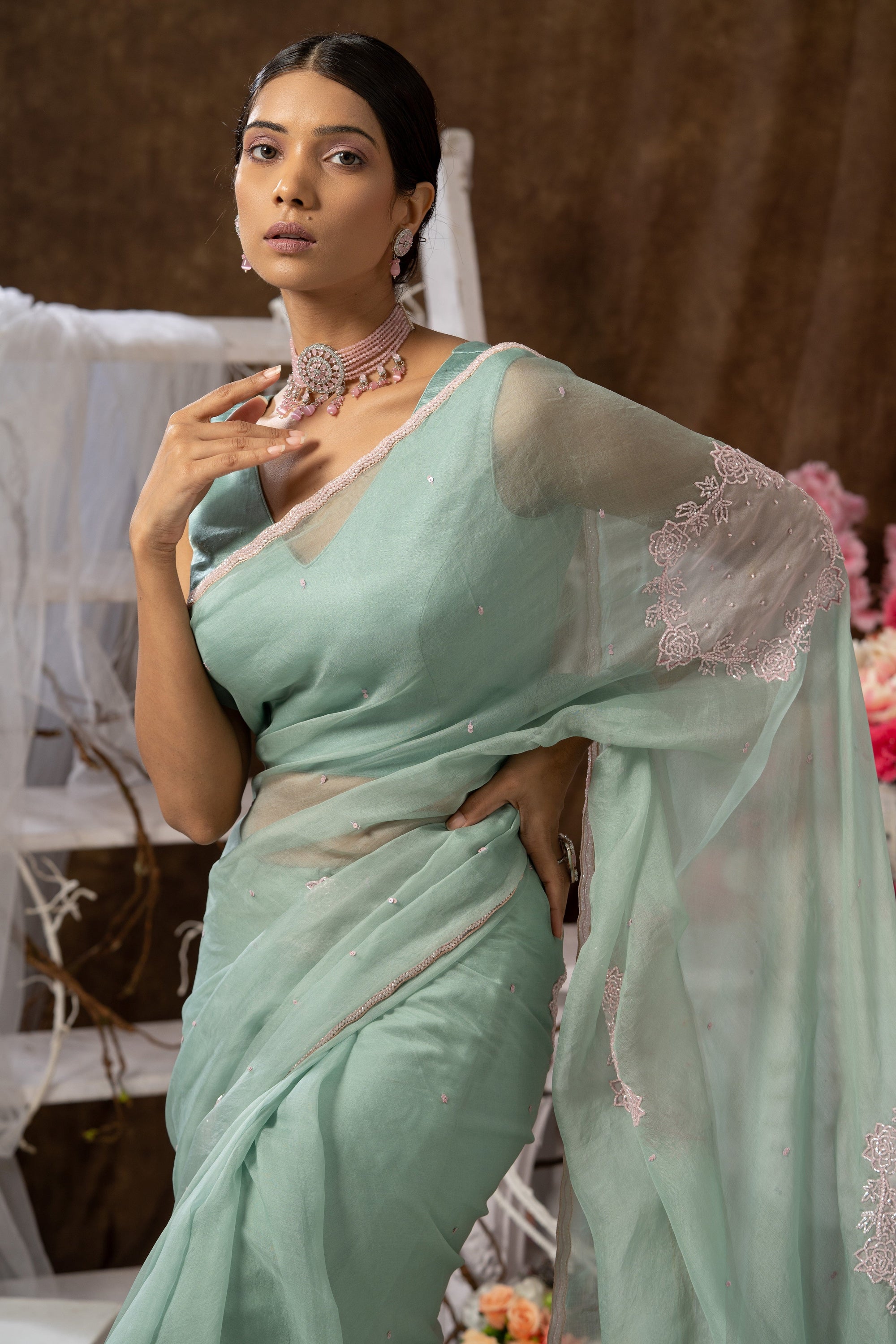 Mint Green With Pink Applique Organza Saree Set - indian organza saree