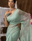 Mint Green With Pink Applique Organza Saree Set - indian organza saree