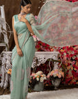 Mint Green With Pink Applique Organza Saree Set - indian organza saree