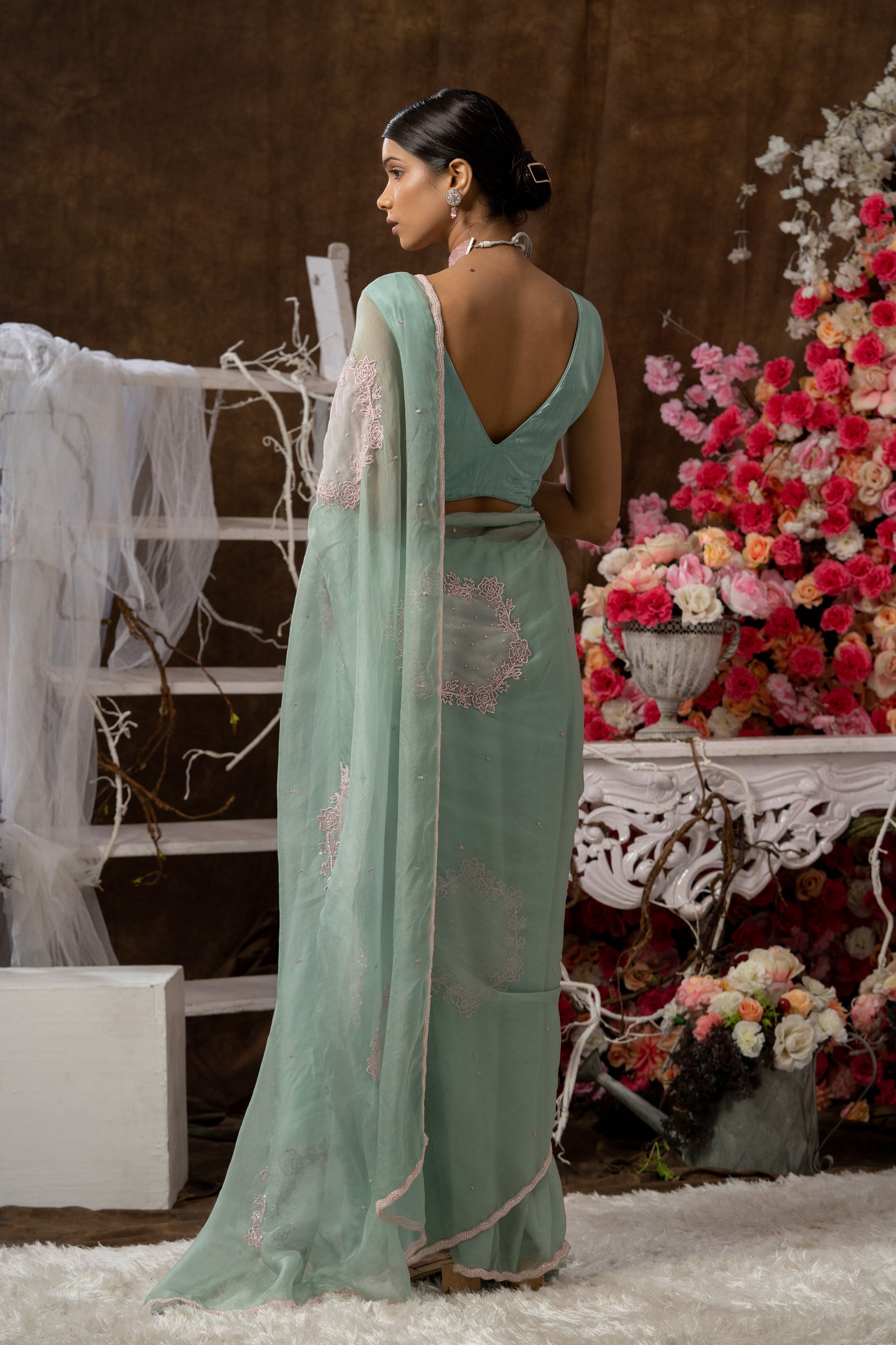 Mint Green With Pink Applique Organza Saree Set - indian organza saree