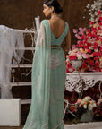 Mint Green With Pink Applique Organza Saree Set - indian organza saree