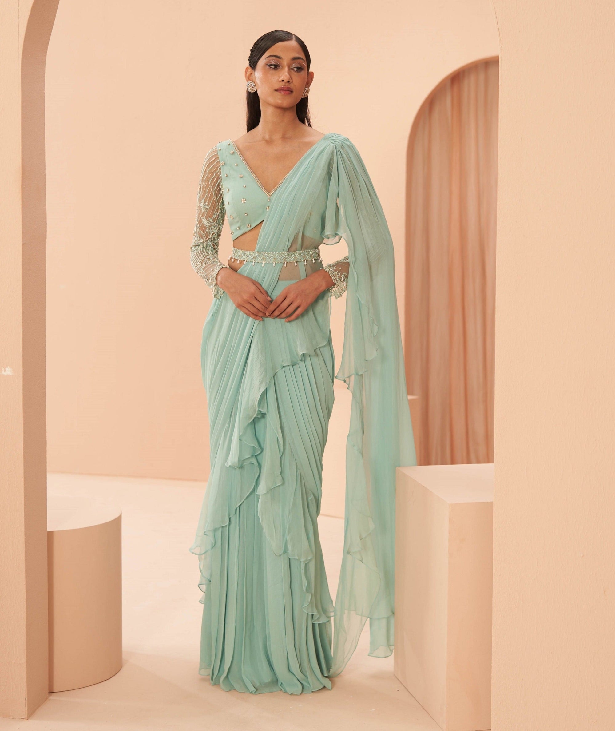 Mist Ruffle Saree Set - indian sari