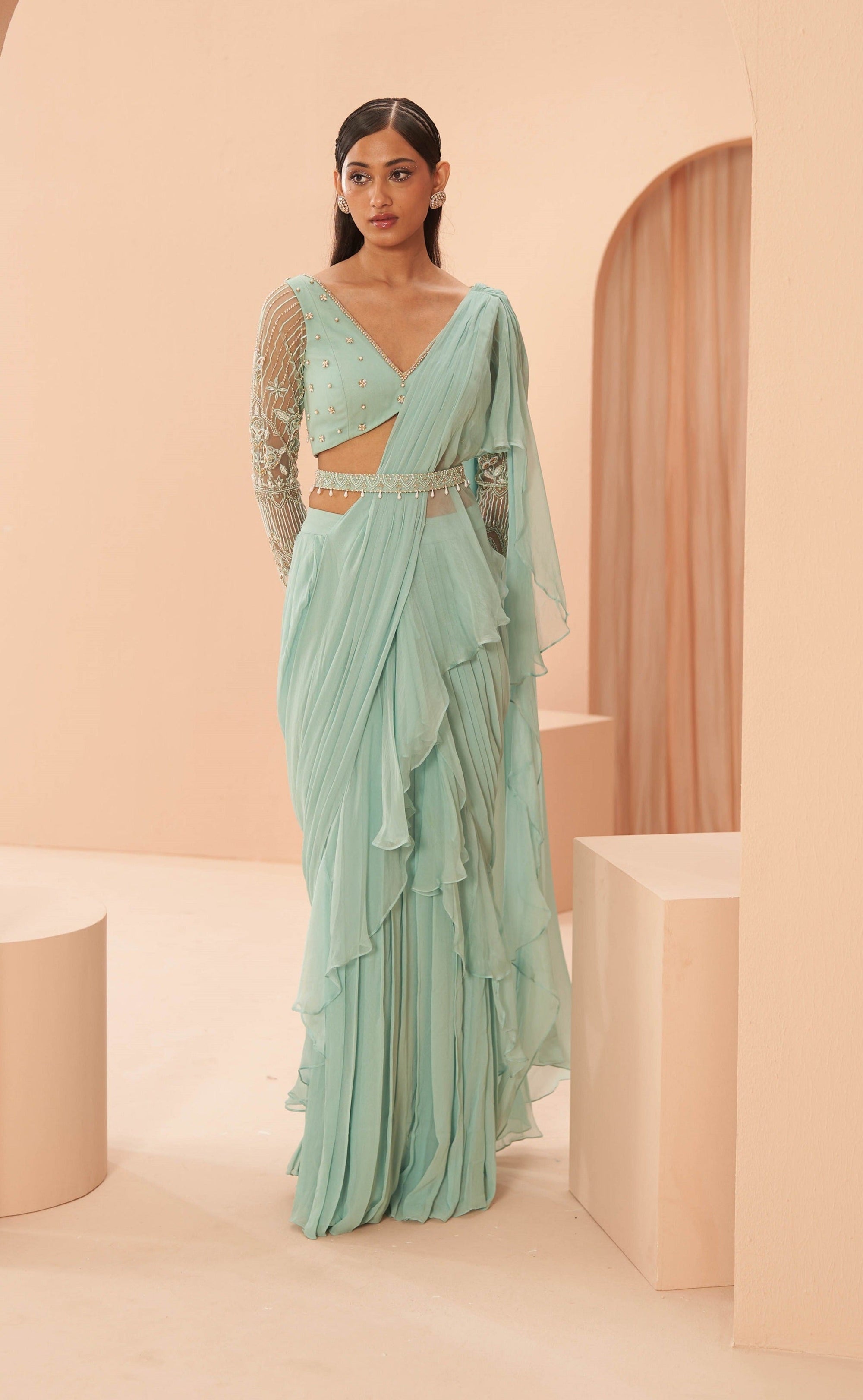 Mist Ruffle Saree Set - indian sari