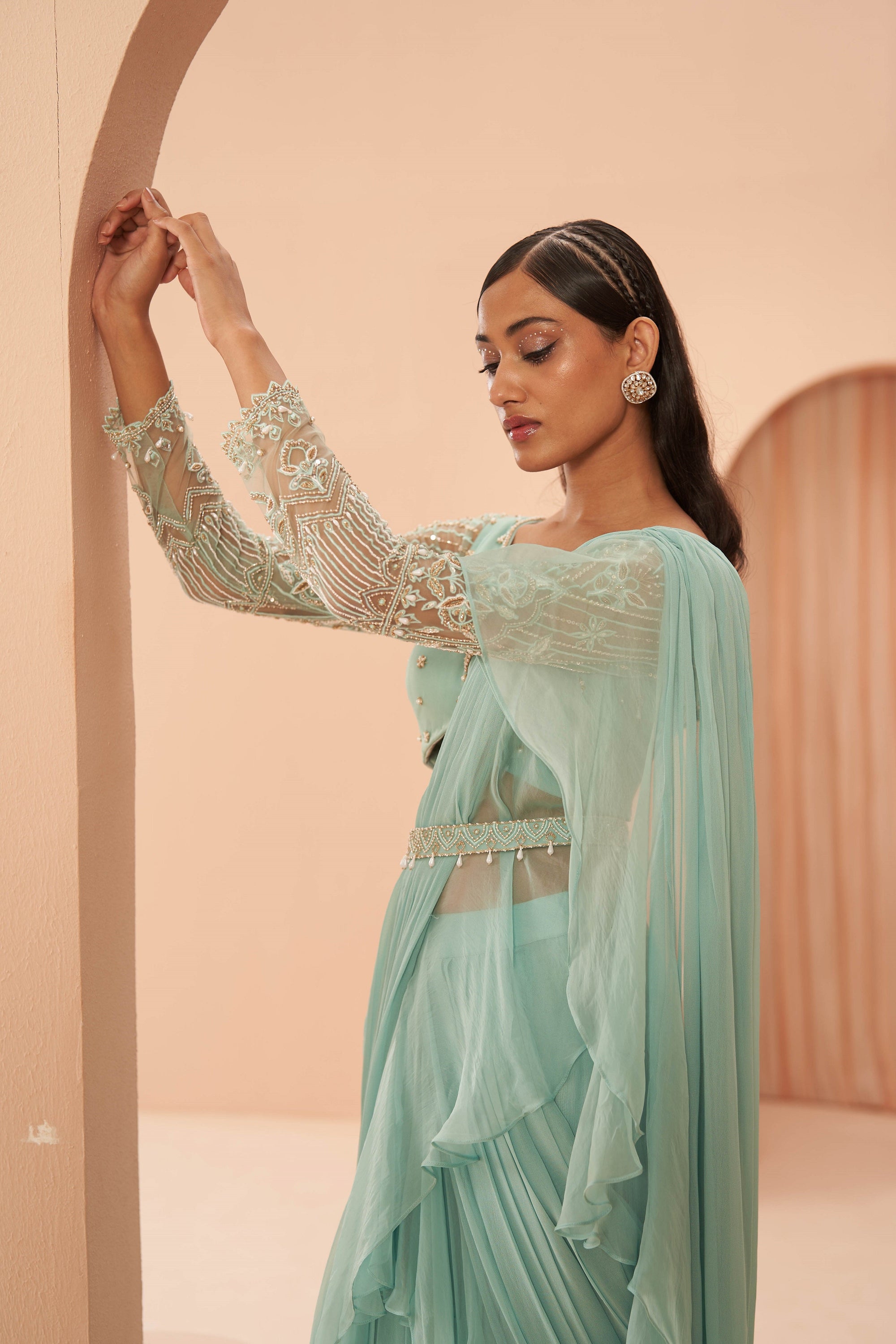 Mist Ruffle Saree Set - indian sari