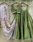 Moss Green Lehenga Set with Hand Painted Dupatta - lehenga