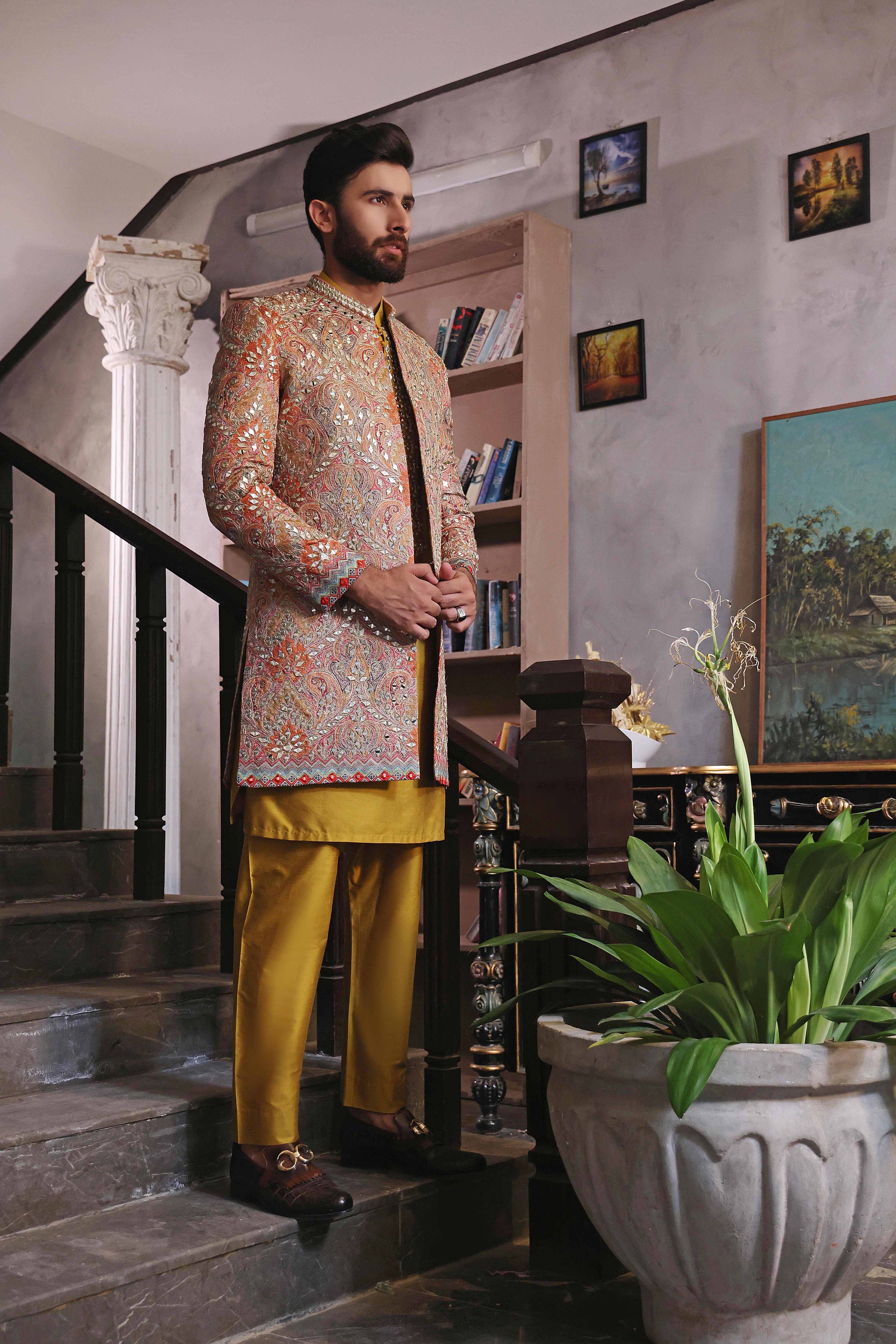 Multi Colored Mirror Work Prince Coat With Matching Raw Silk Suit - prince coat for men
